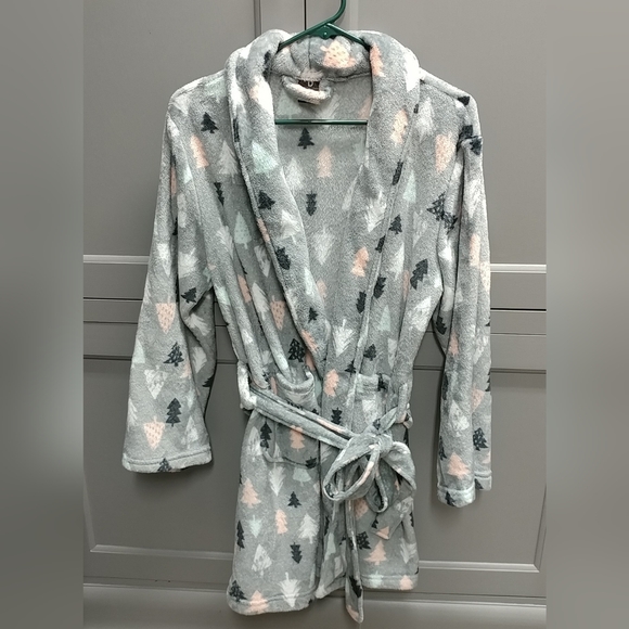 Plush Robe Tree Design Ladies Small w/ Pockets Belt Gray Black Pink Green White - Picture 16 of 16